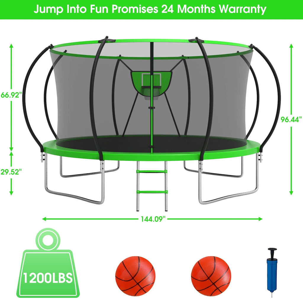 12FT 14FT Trampoline with Enclosure, Basketball Hoop, LED Light and Sprinkler K963