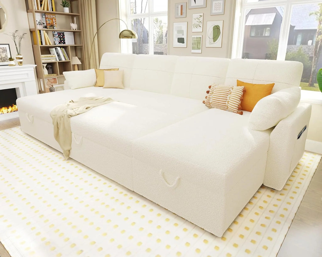 White Boucle Sleeper Sofa with 2 Storage Chaise O7682