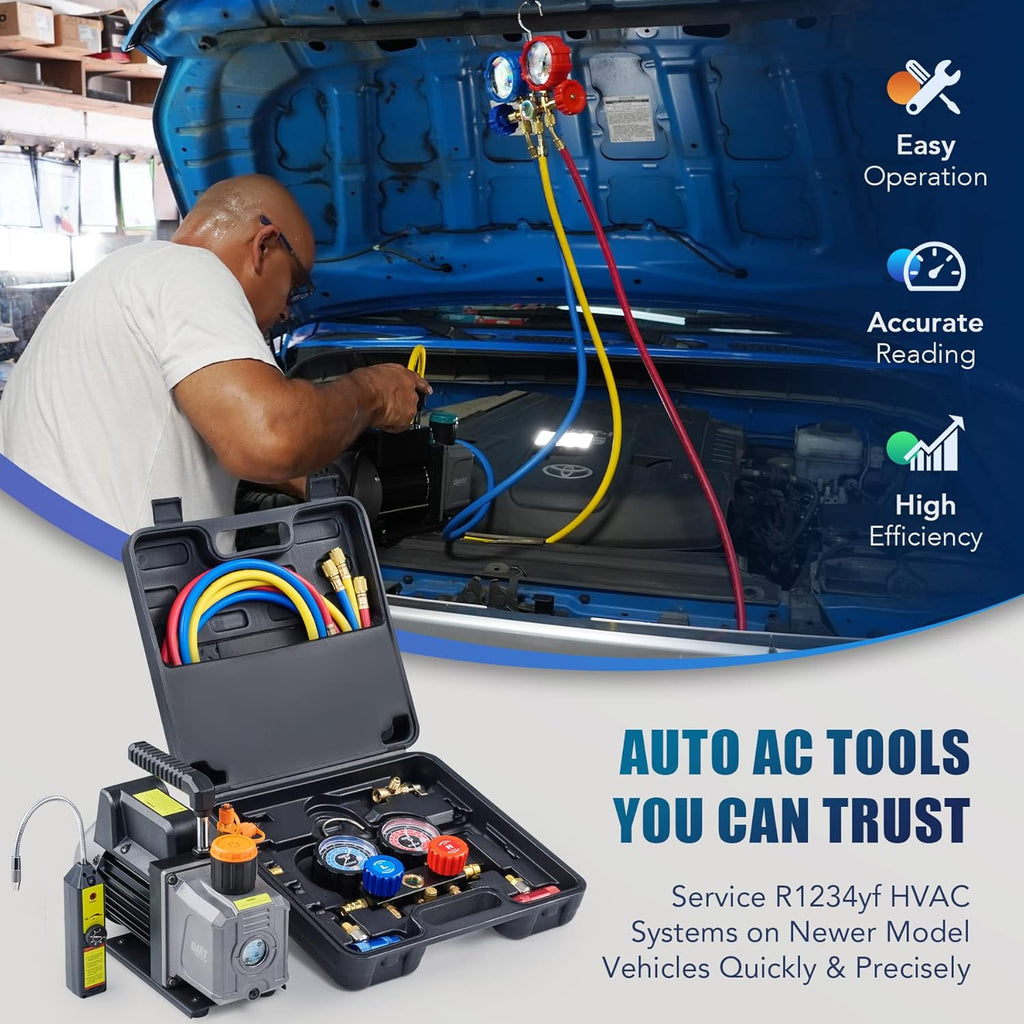 AC Gauges and Vacuum Pump with Leak Detector 5FT Hoses Quick Couplers, 4 cfm Vacuum Pump and Manifold Gauge Set I8462