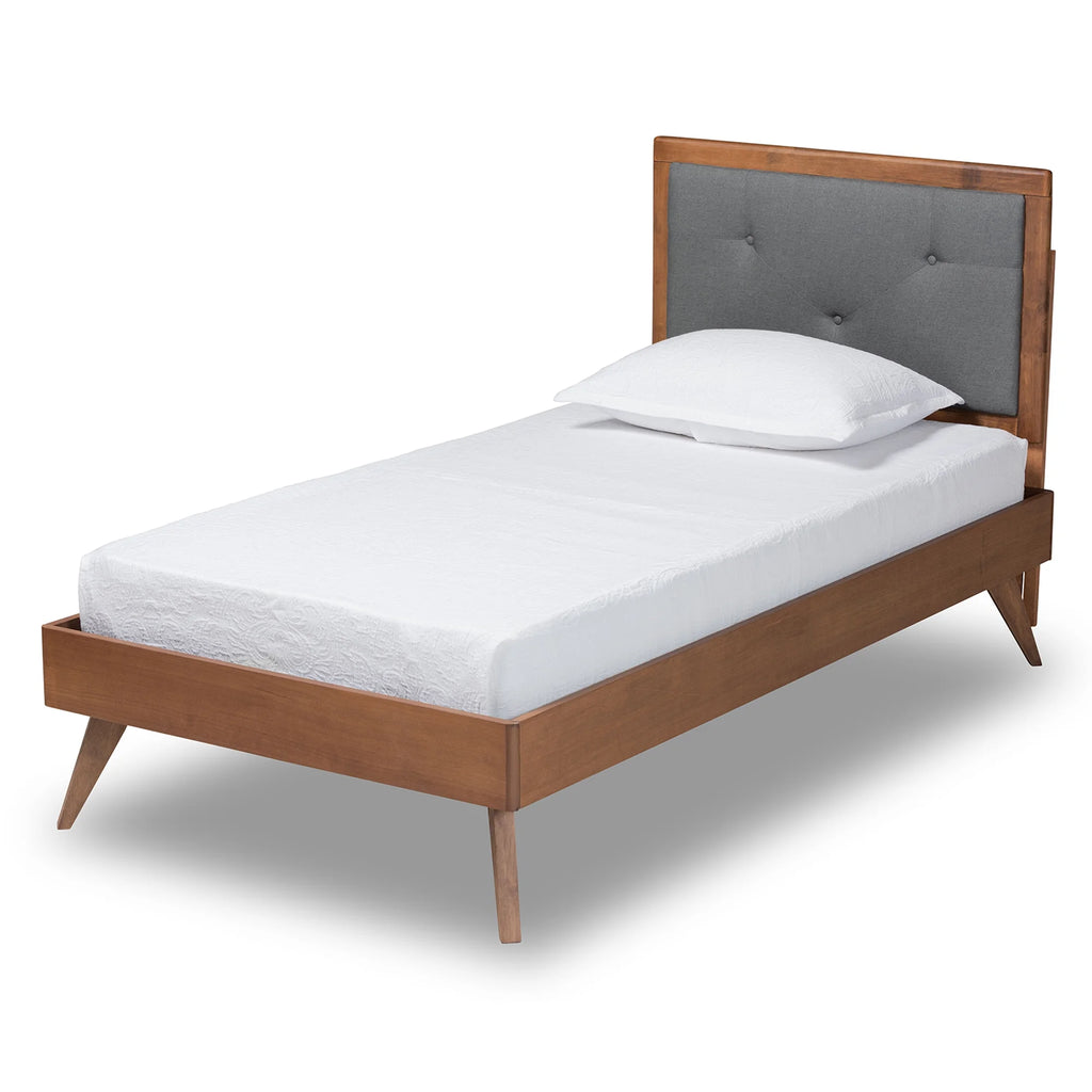 Dark Grey Fabric Upholstered Walnut Brown Wood Twin Size Platform Bed R437