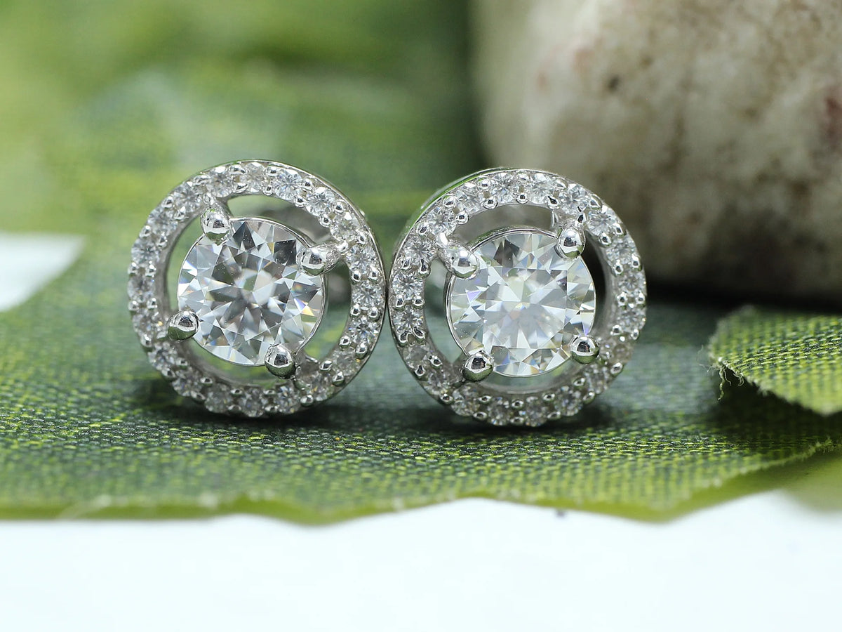 Moissanite Stud Earrings 1.20CT 5MM Lab Created Diamond 18K White Gold Over Sterling Silver D Color VVS1 Clarity Halo Studs G67080