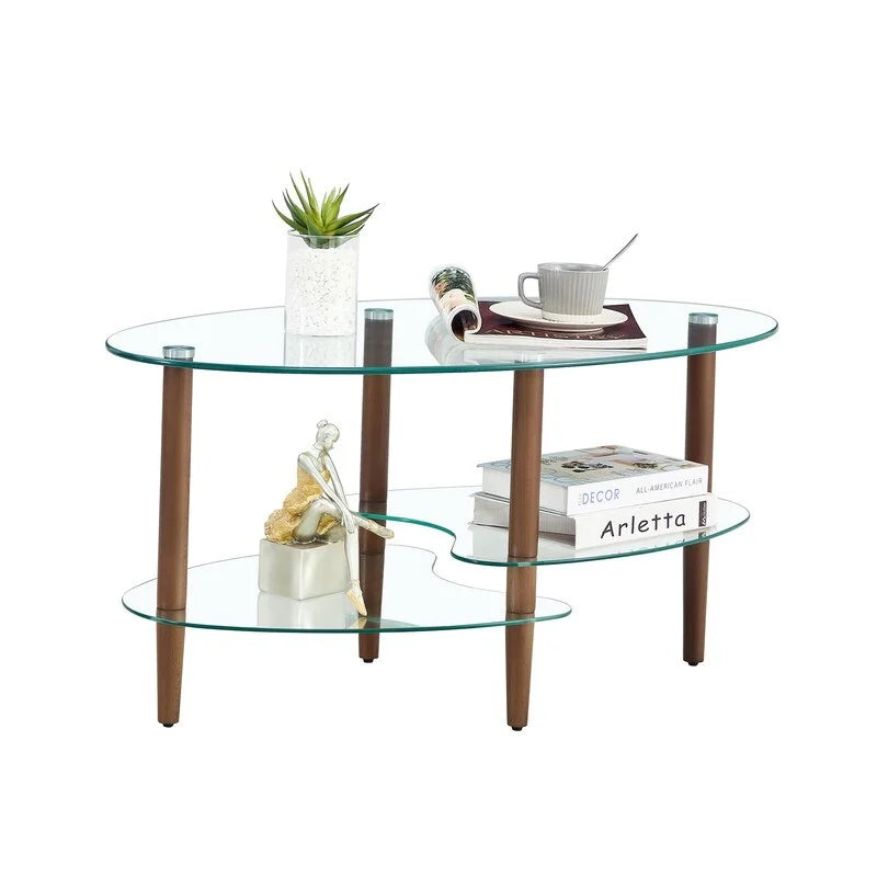 Oval 3-Tier Glass Coffee Table with Wood Leg E824