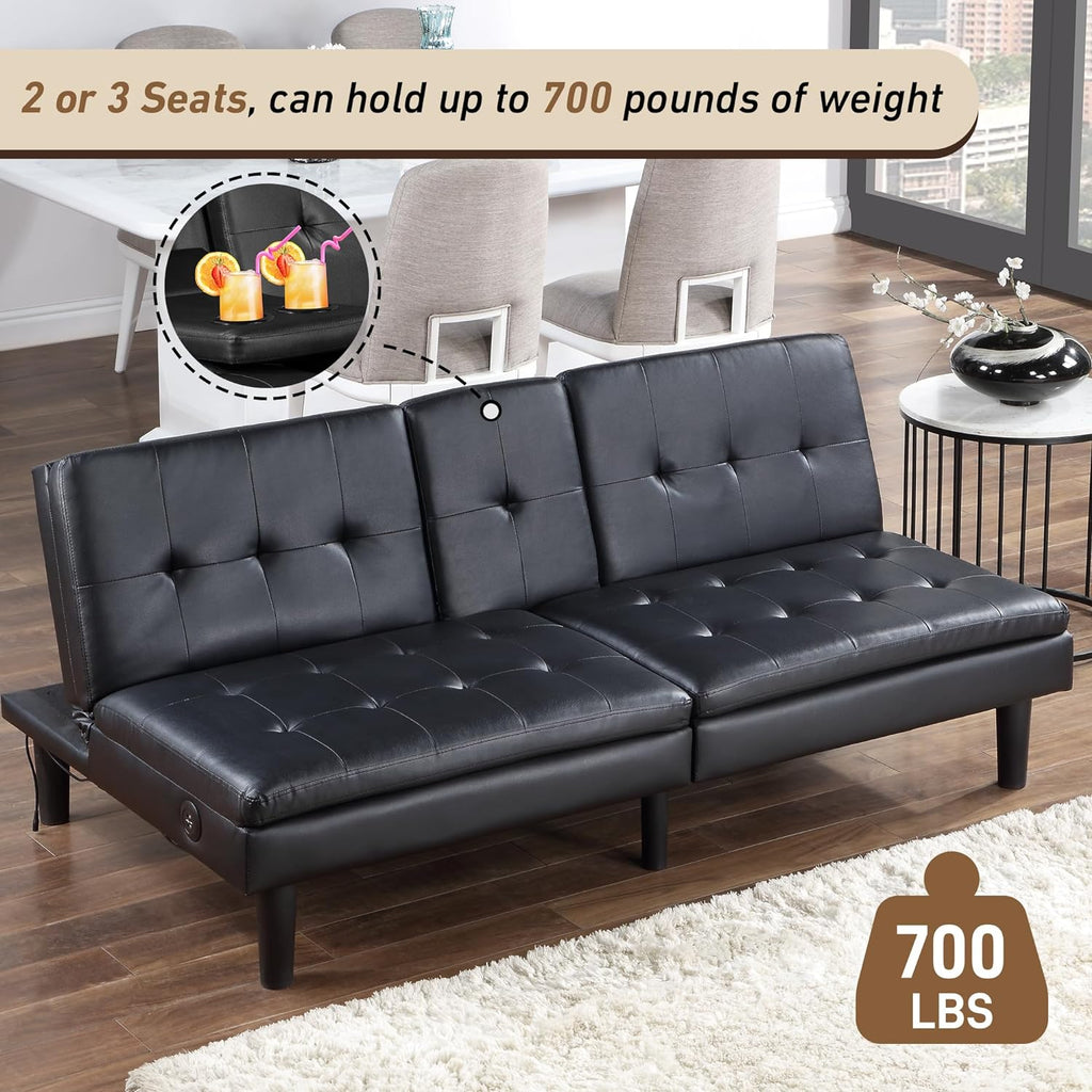 Faux Leather Futon Convertible Sofa Bed with USB & 2 Cupholders Y81017