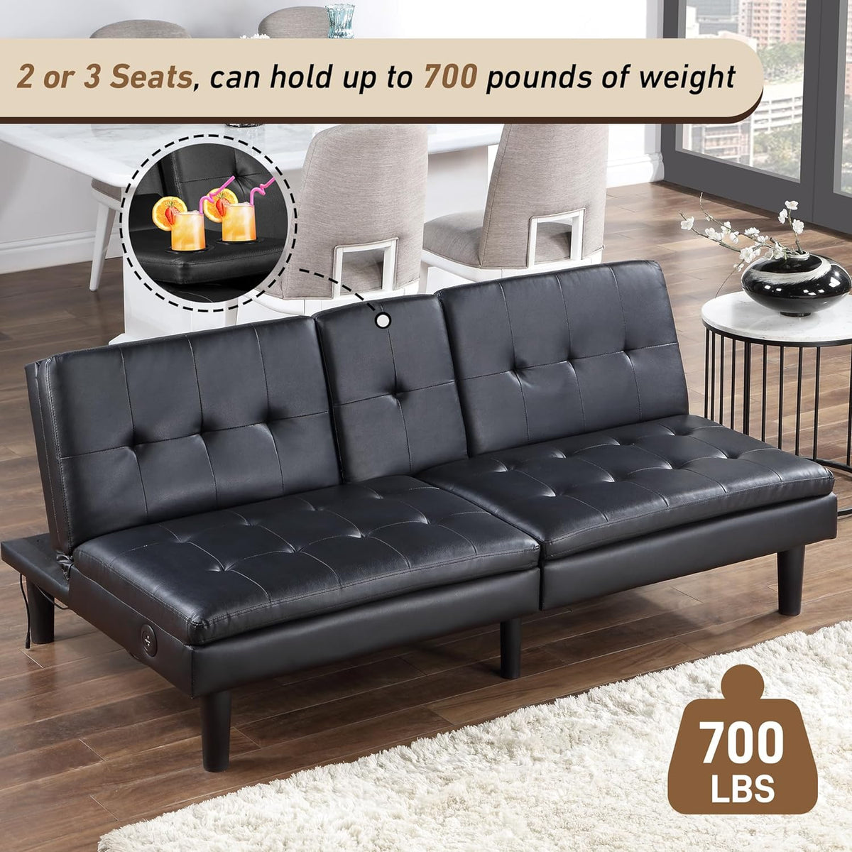 Faux Leather Futon Convertible Sofa Bed with USB & 2 Cupholders Y81017