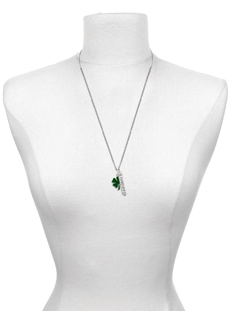 Silvertone Two Sided Green Enamel Four Leaf Clover Guardian Angel Bar Charm Necklace, 23" X6183