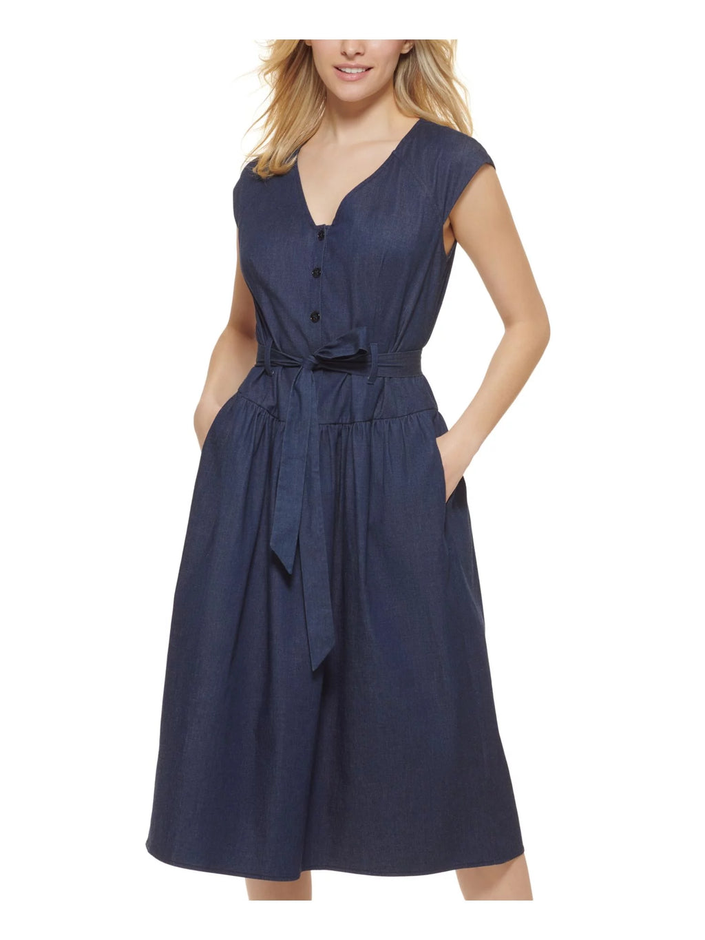 Navy Cap Sleeve V Neck Midi Fit + Flare Dress G67948