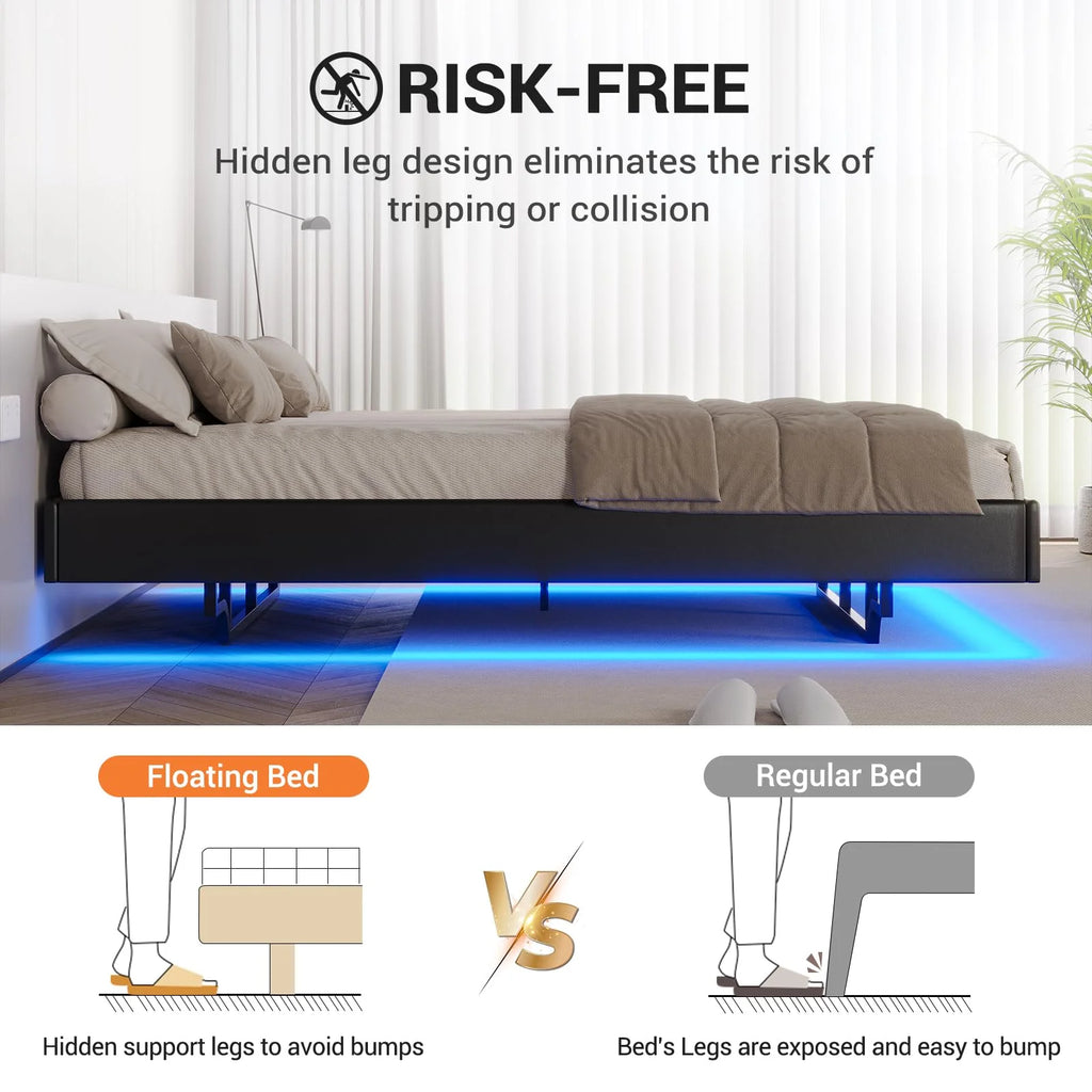 California King Floating LED Faux Leather Upholstered Platform Bed Frame A5324