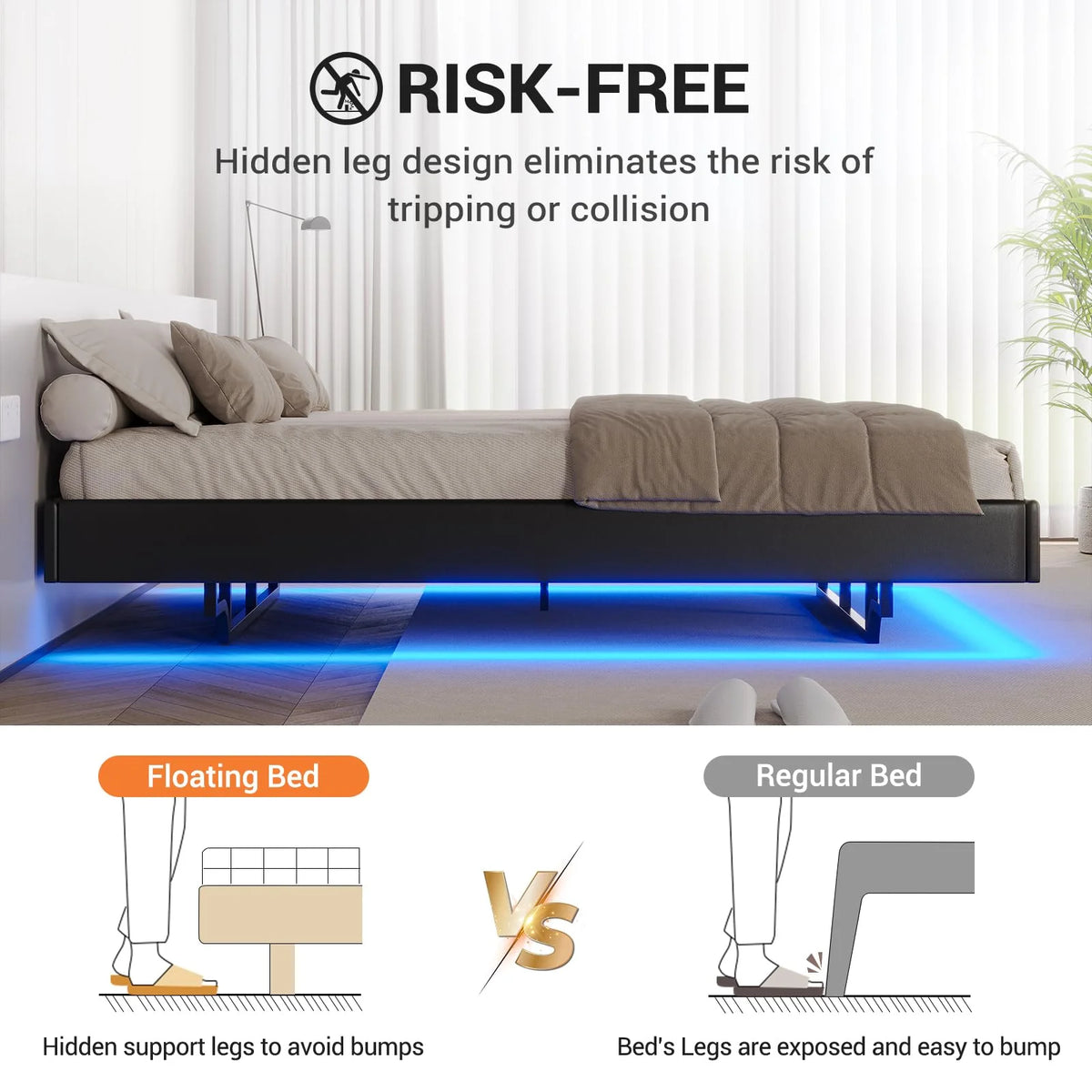 California King Floating LED Faux Leather Upholstered Platform Bed Frame A5324