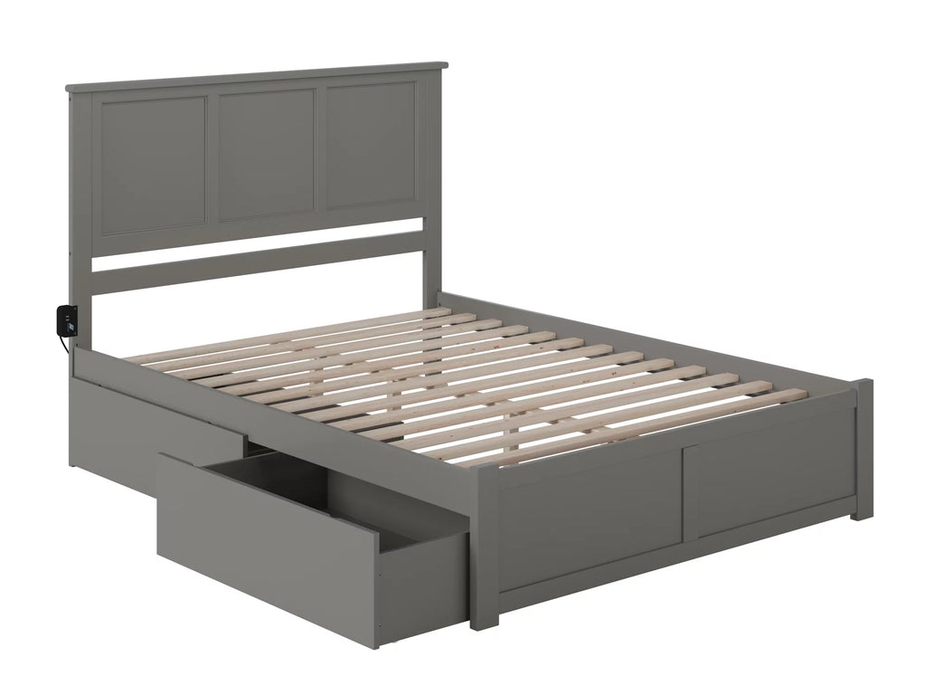 King Solid Wood Platform Bed with Footboard & 2 Storage Drawers in Grey D265