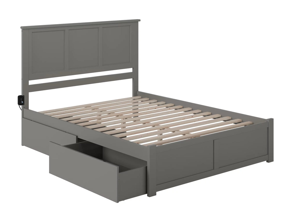 King Solid Wood Platform Bed with Footboard & 2 Storage Drawers in Grey D265