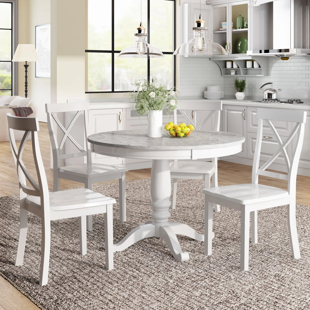 Solid Wood Dining Table Set with Faux Marble Top and 4 Chairs I7005