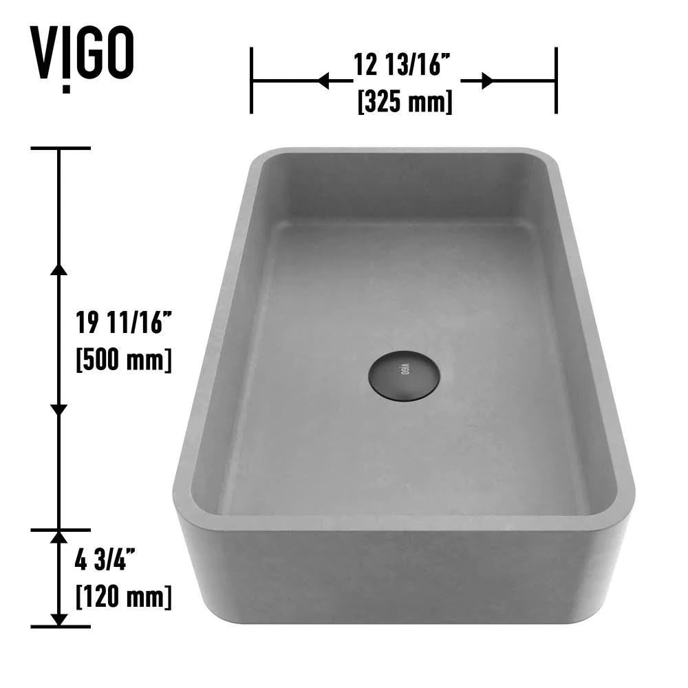 Rectangular Bathroom Vessel Sink in Gray with Faucet and Pop-Up Drain in Matte Black G6307