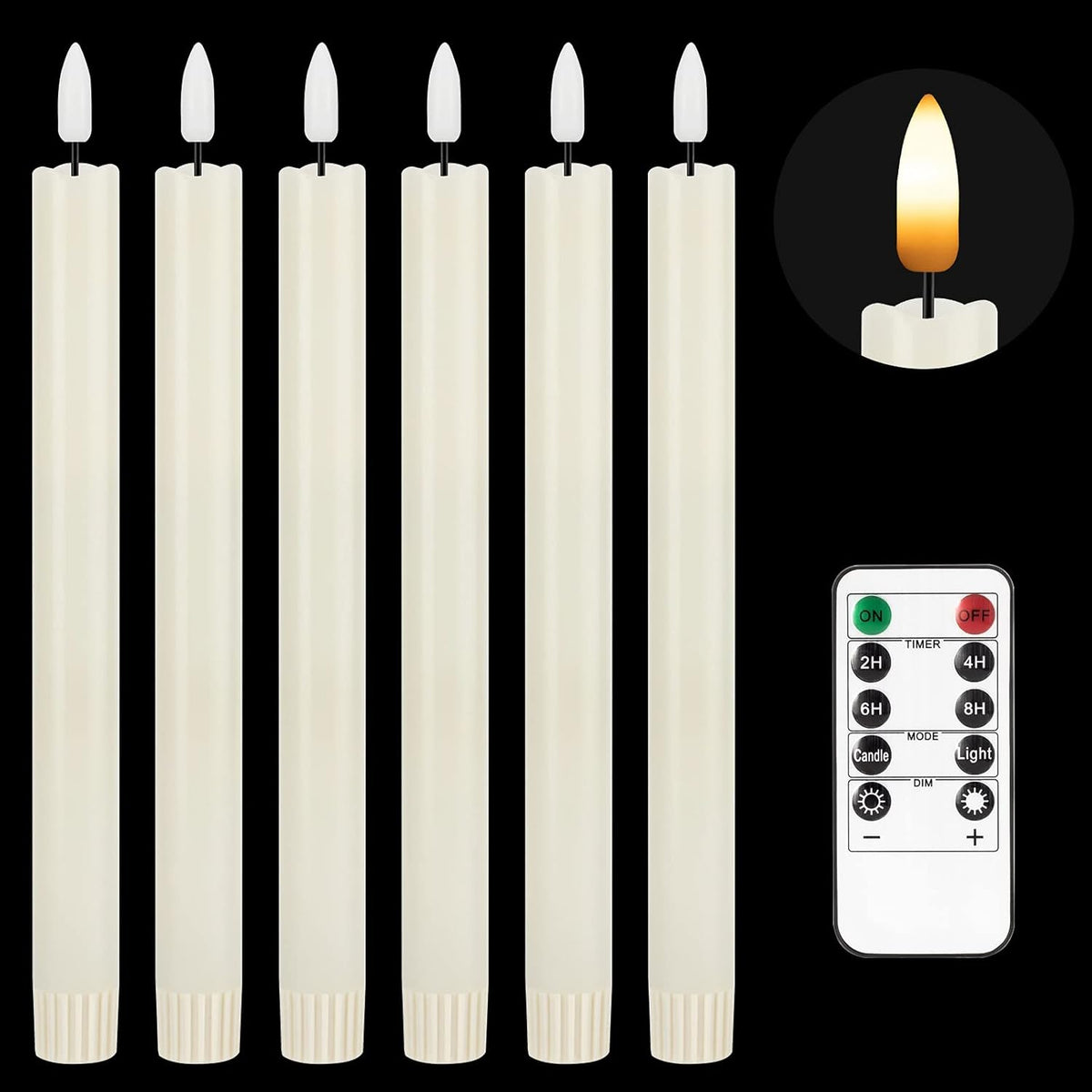 Ivory 3D Wick Flameless LED Taper Candles, Real Wax, Pack of 6 K7022