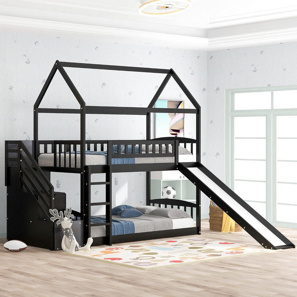 Twin Loft House Bed with 2 Drawers Staircase, Slide and Ladder J4423