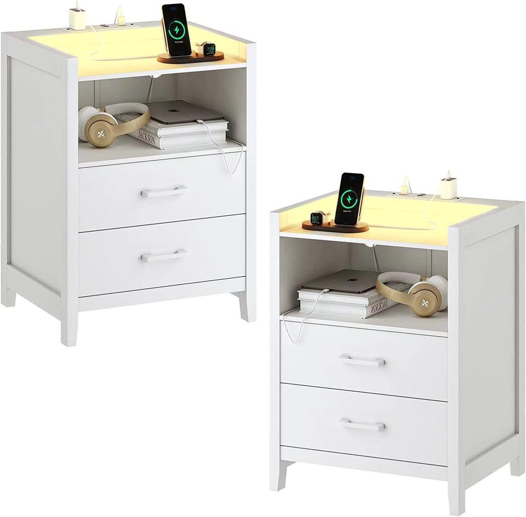Black 2 Drawer Nightstand with LED Lights and Charging Station V627