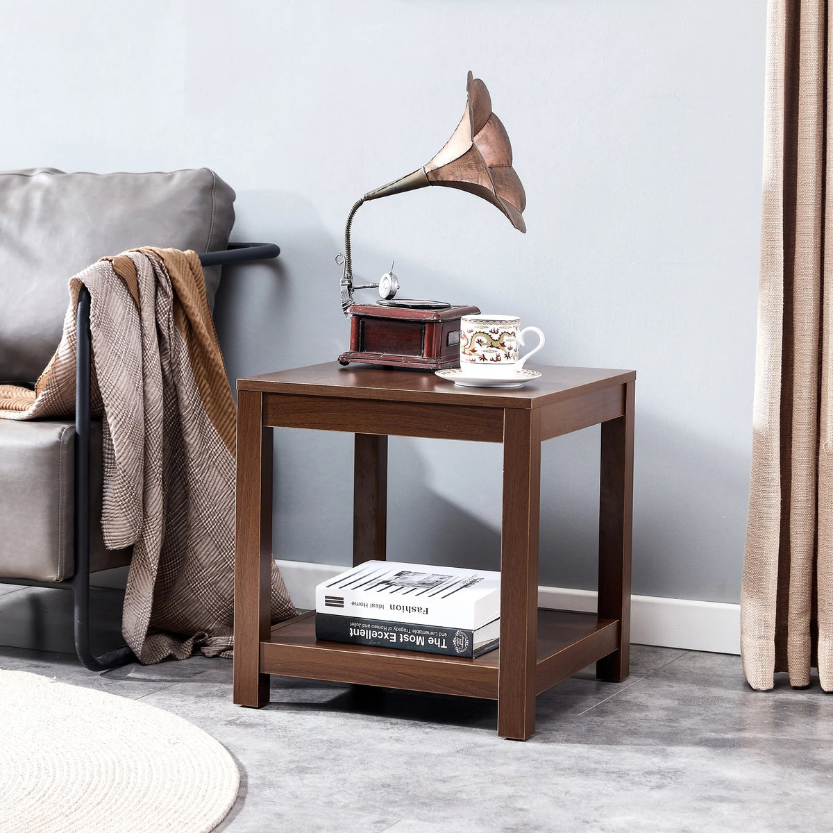 2-tier End Table Nightstand with Open Storage Brown O9311