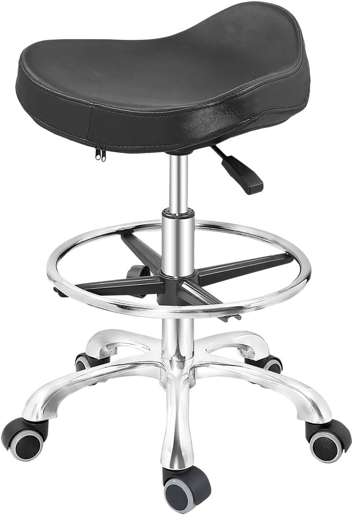 Height Adjustable Rolling Swivel Stool Chair with Ergonomic Seat and Footrest Metal Base (Black, with Caster) X5582
