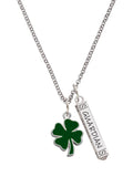 Silvertone Two Sided Green Enamel Four Leaf Clover Guardian Angel Bar Charm Necklace, 23" X6183