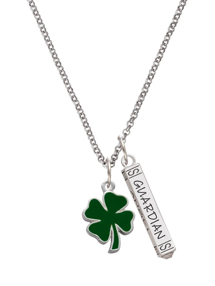 Silvertone Two Sided Green Enamel Four Leaf Clover Guardian Angel Bar Charm Necklace, 23" X6183