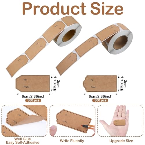 600 Pcs Natural Brown Kraft to and from Gift Tag Stickers R75634