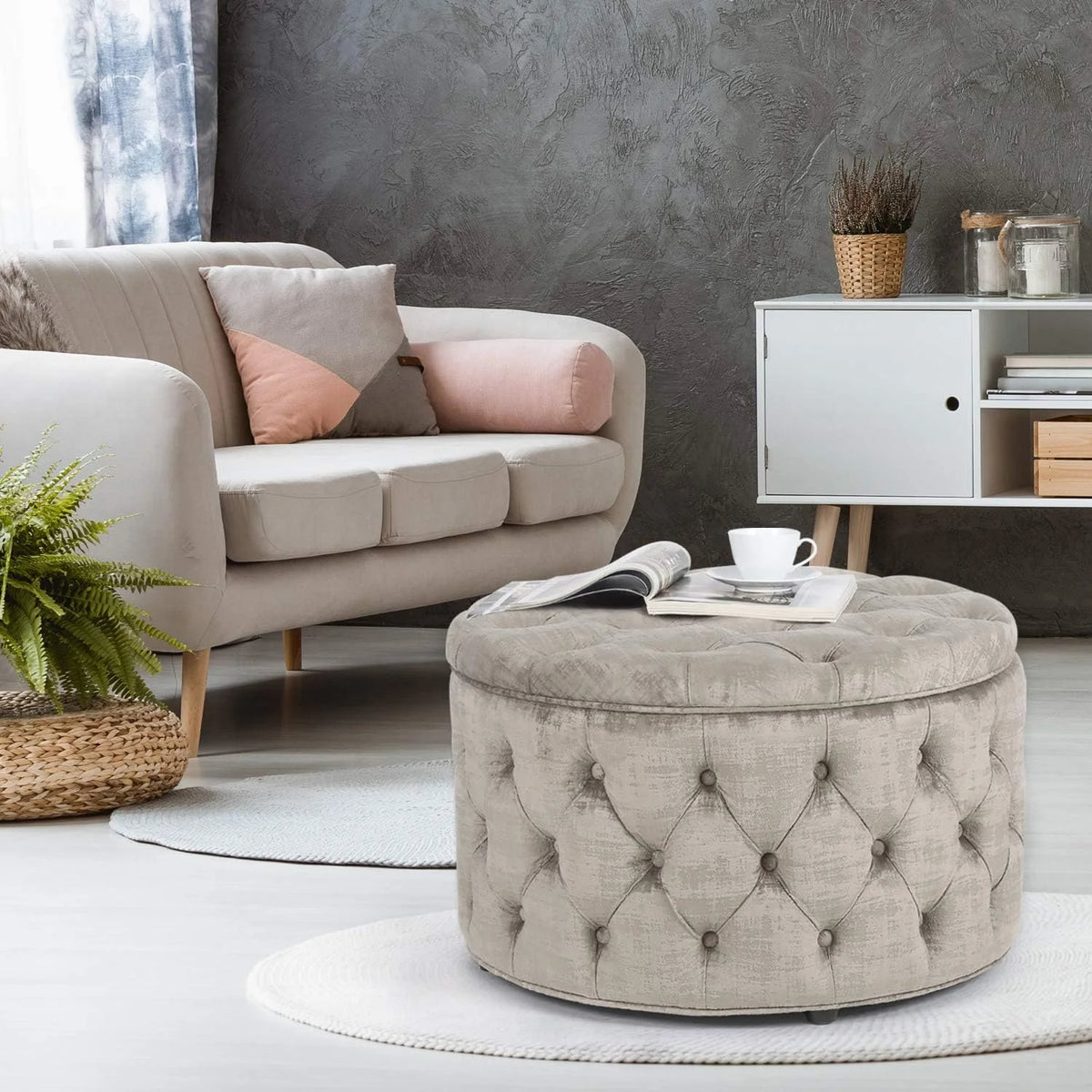 28 Inch Round Velvet Storage Ottoman K9634