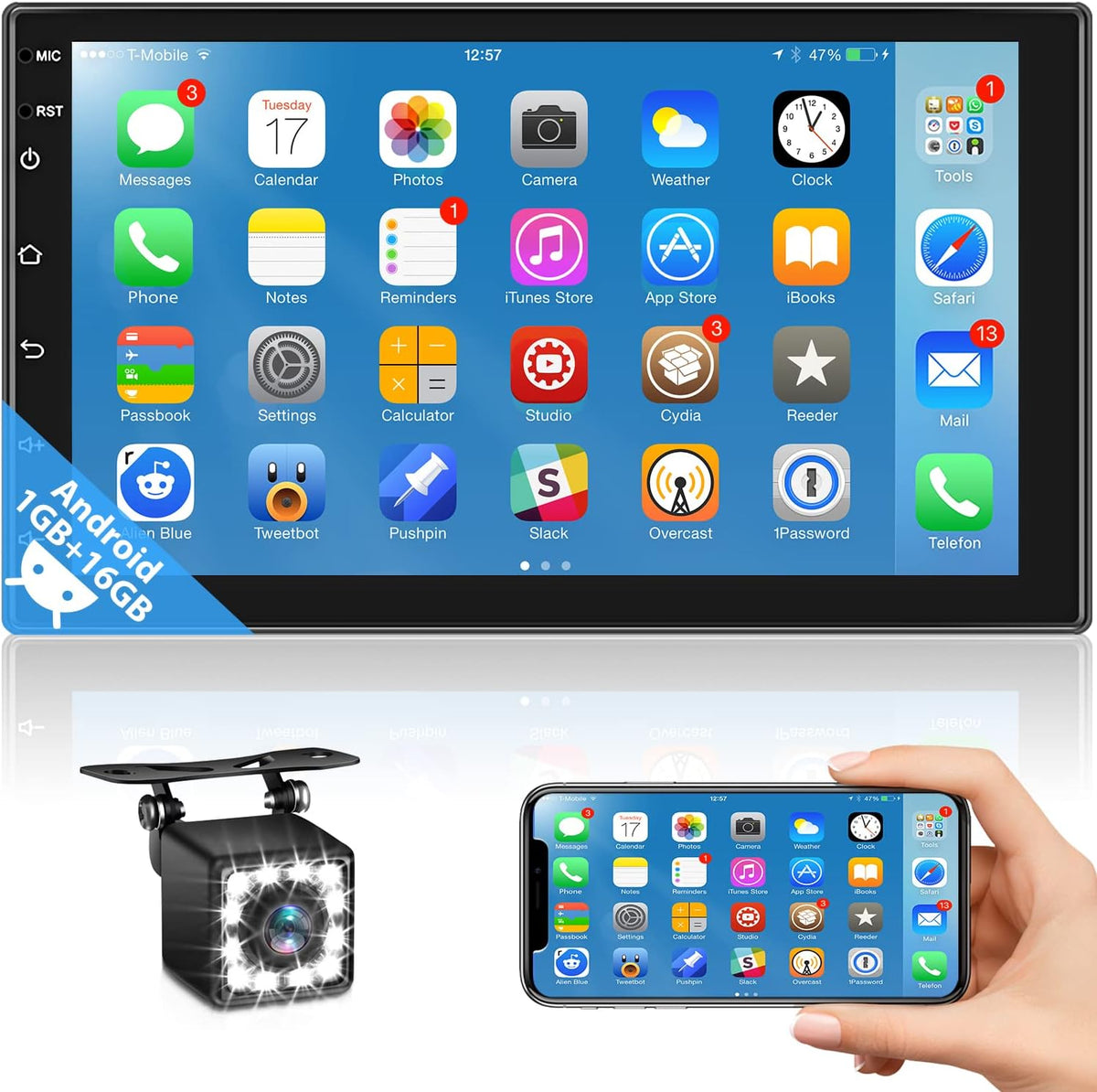 Android Double Din Car Stereo with Touch Screen Bluetooth FM Receiver Backup Camera Dual USB O6661